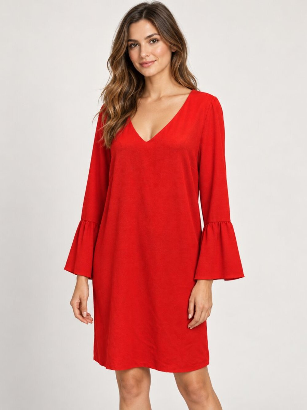 Worthington 14 Red Bell Sleeve V-Neck Shift Fall Dress Cocktail Workwear